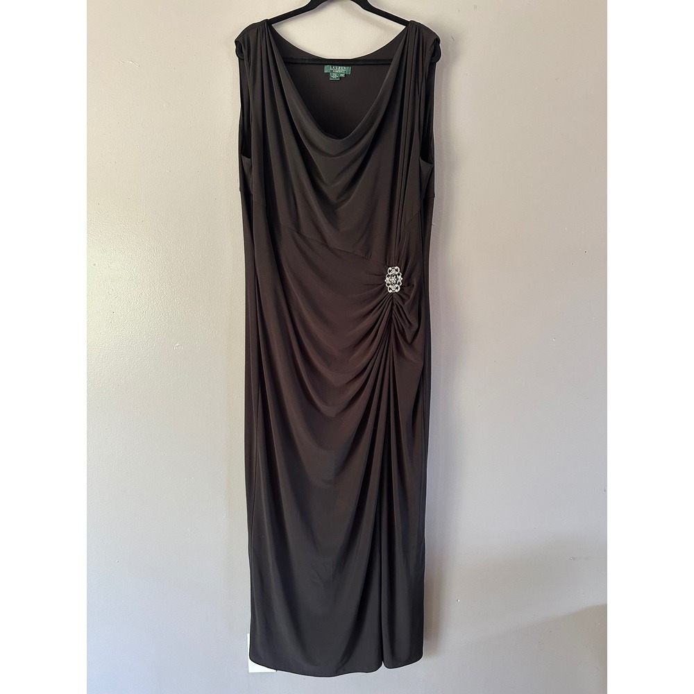 Lauren Ralph Lauren Evening Maxi Dress |‎ Ruched Sides | Brooch | Black 24W